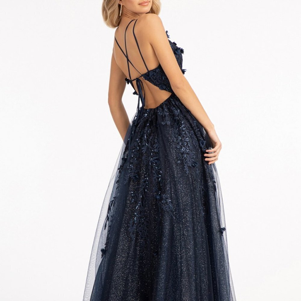 NAVY Sequin Embellished Mesh A-line Flower Applique and Side Slit DRESS GL3033